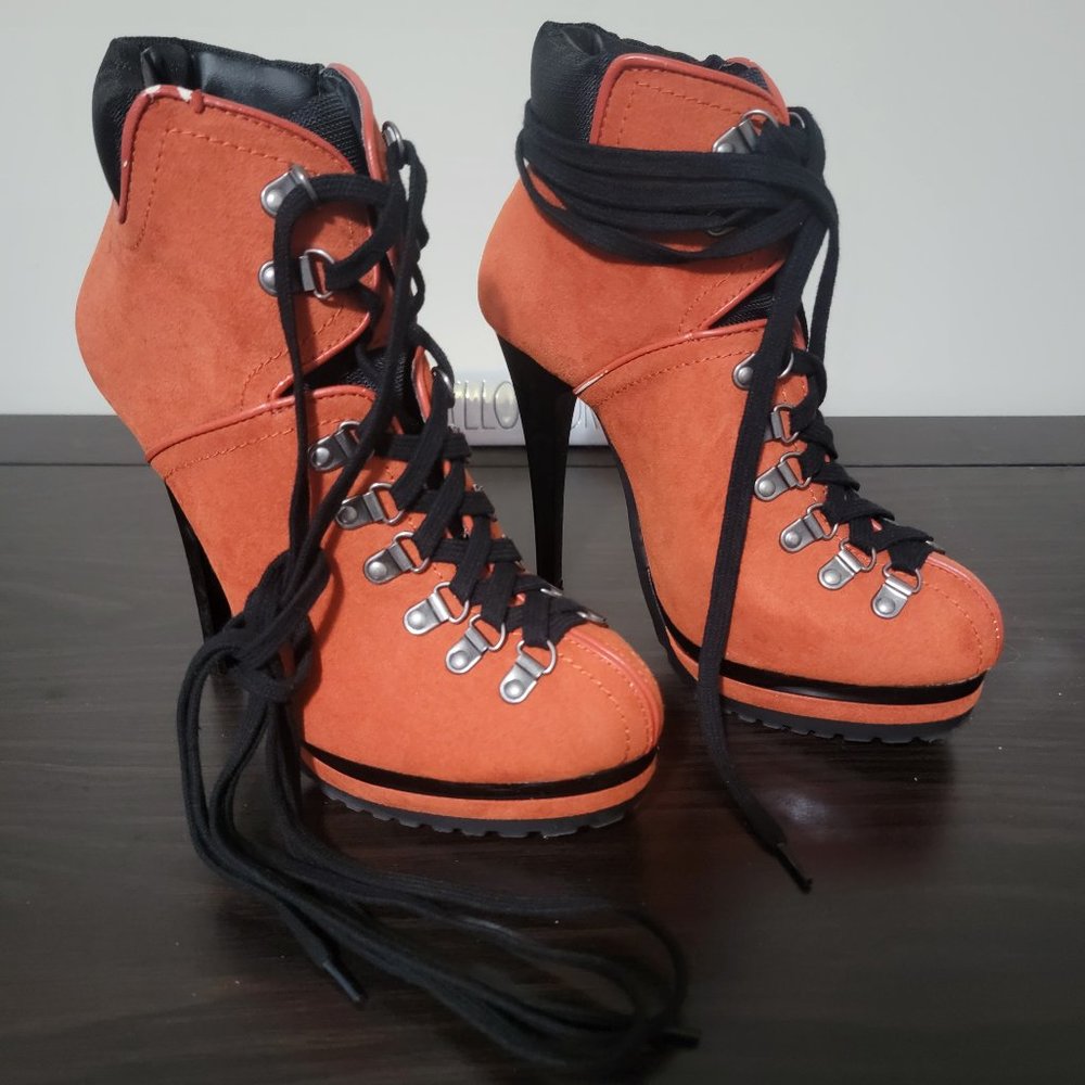 Orange Suede Heeled Booties with ext.long shoe strings